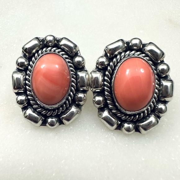 Pink Coral Vintage Oval Cabochon Solid Sterling Silver Post Earrings - Picture 13 of 13